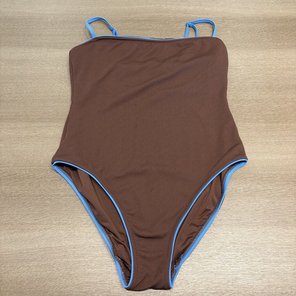 Shade & Shore Women's XL Brown/Blue One Piece Swimsuit Spaghetti Straps High Leg
